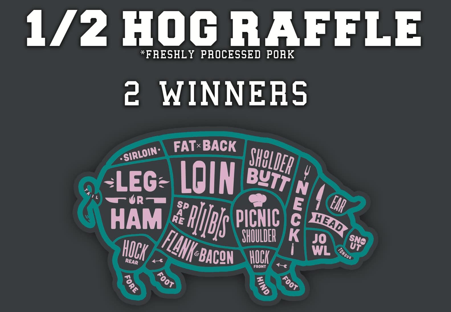 flyer for a half-hog raffle. has a diagram of a pig with the parts labeled. it's for the tropic thunder travel baseball team